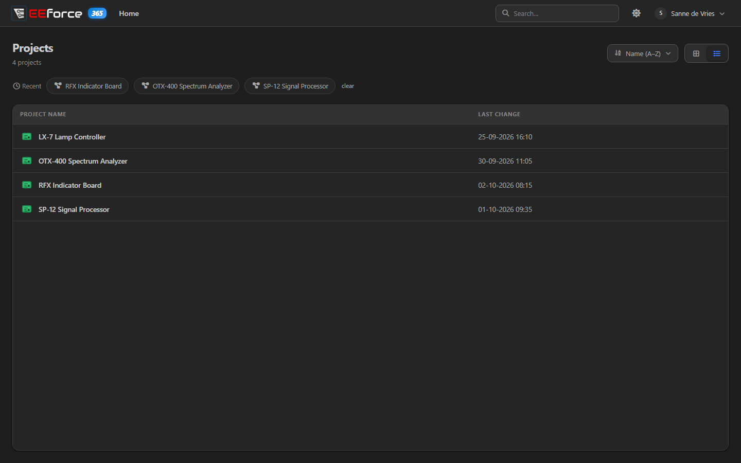 The table view of the home page