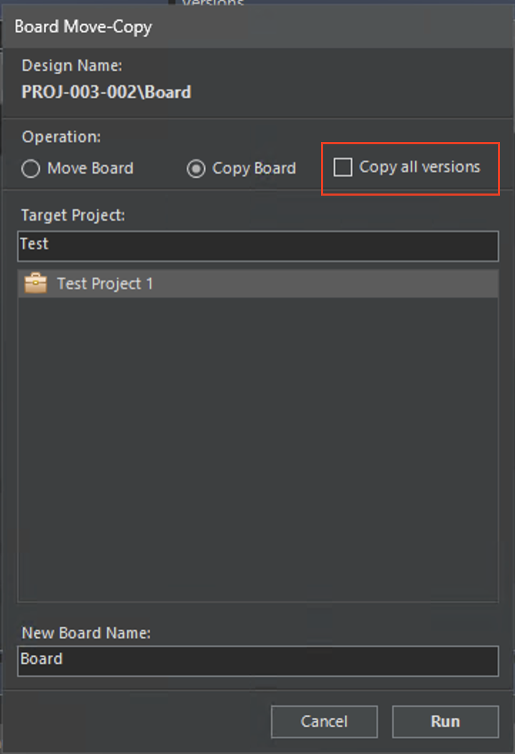 Copy board dialog