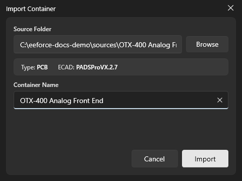 The Import dialog