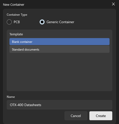 The New Container dialog
