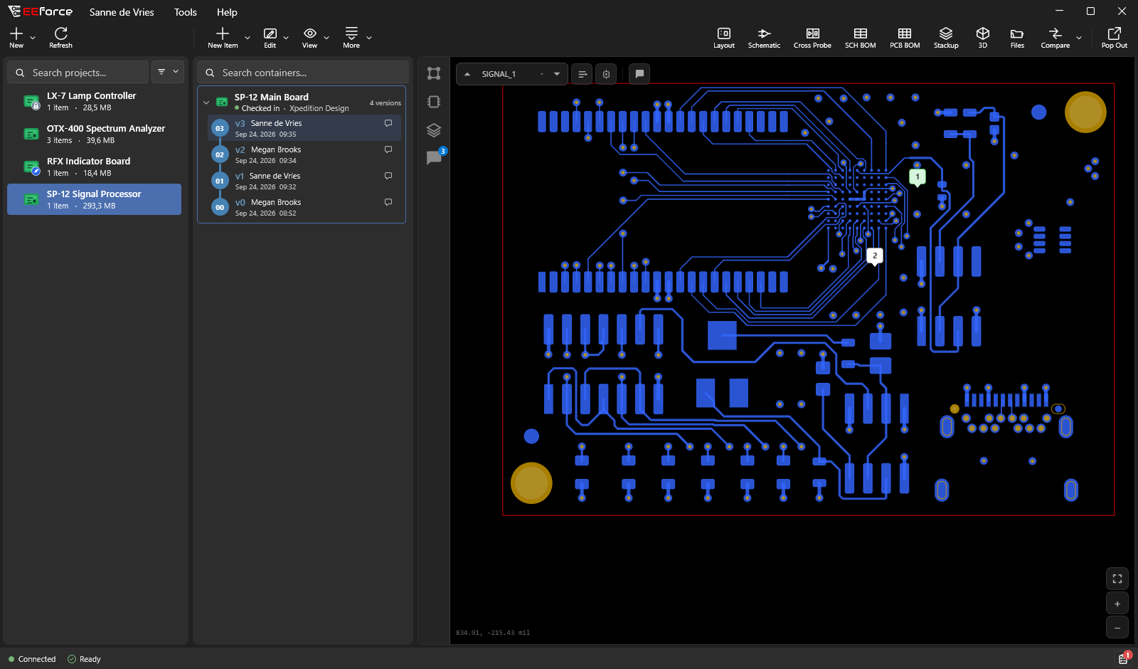 EEforce 26.12 showing a PCB layout beside its projects and version history