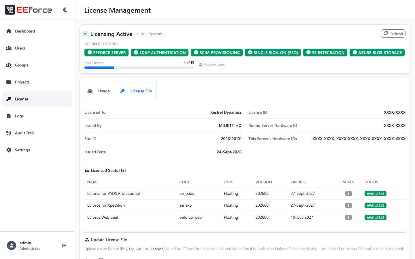 The licence file view in the web admin