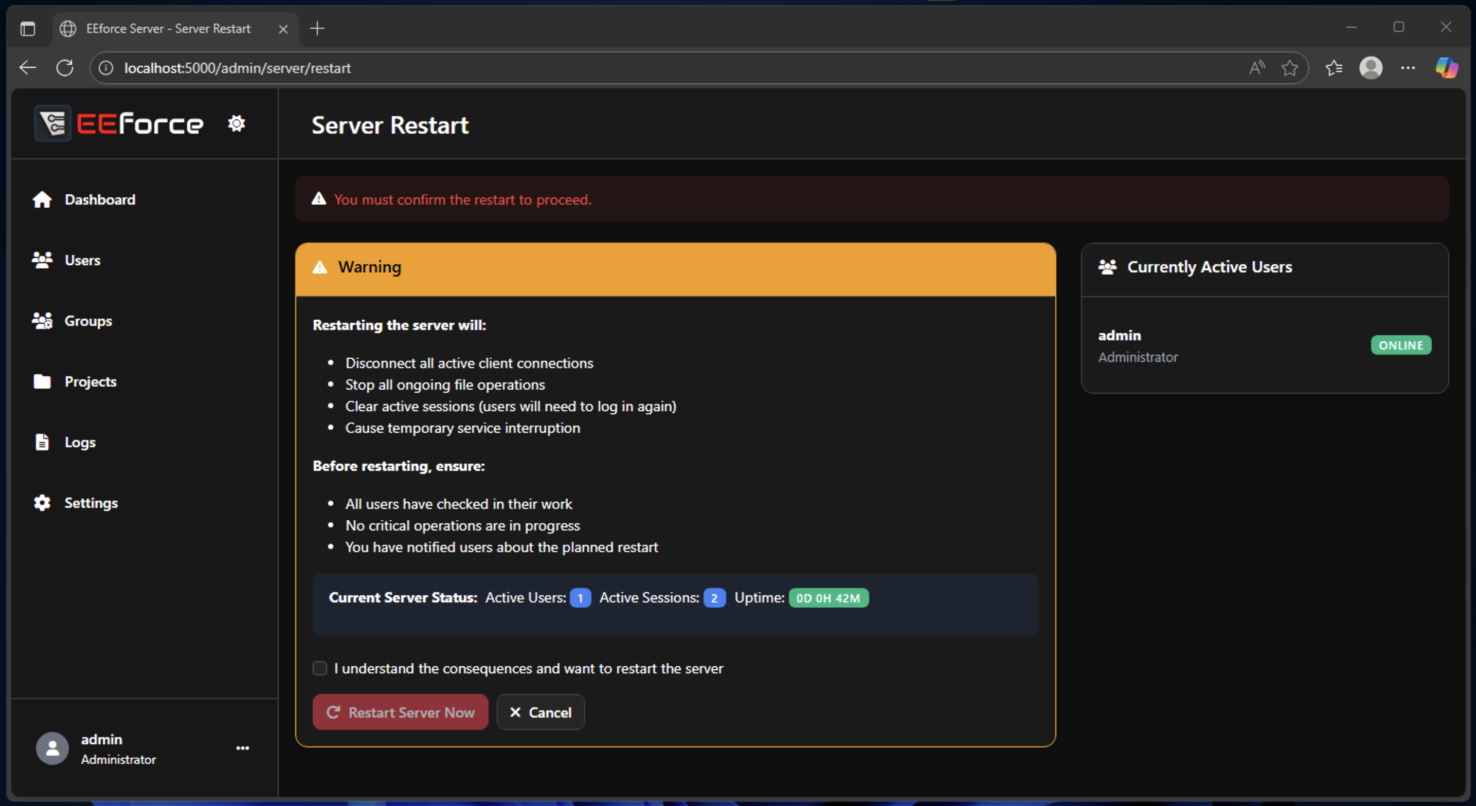 Restart confirmation