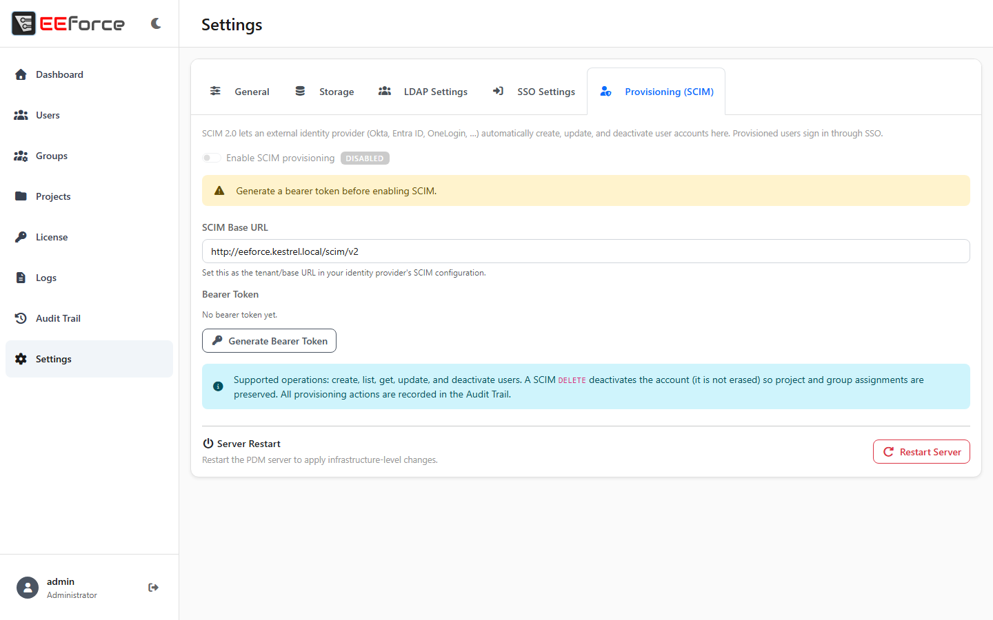 The Provisioning settings tab