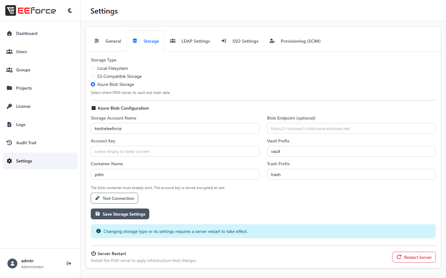 Storage settings for Azure