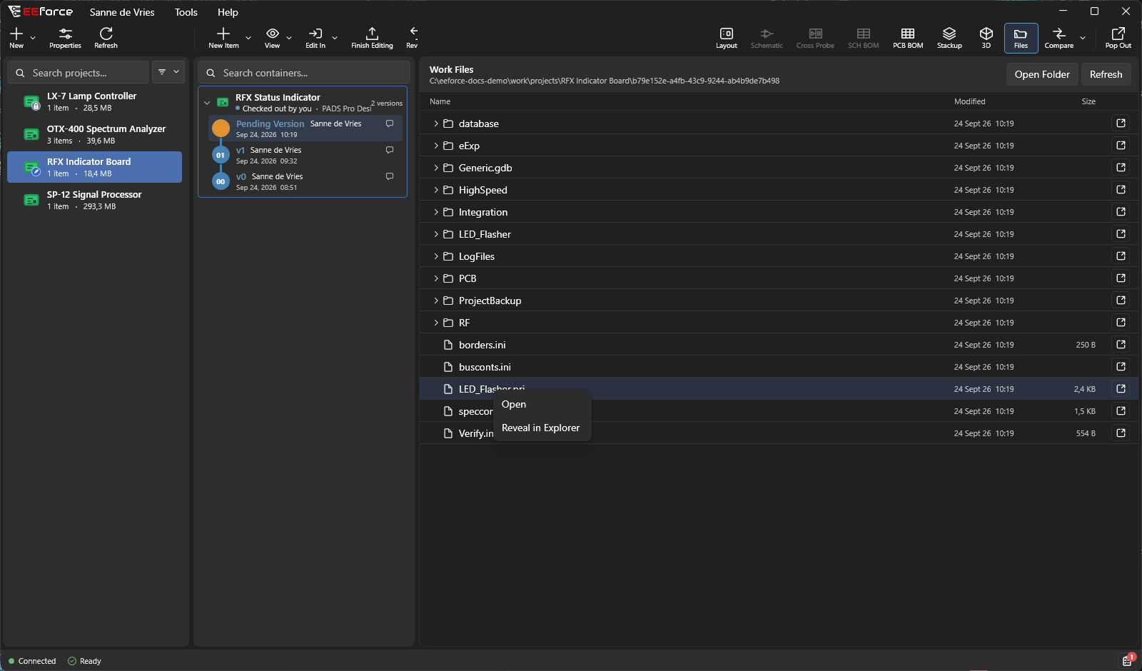 The Work Files view of a checked-out design